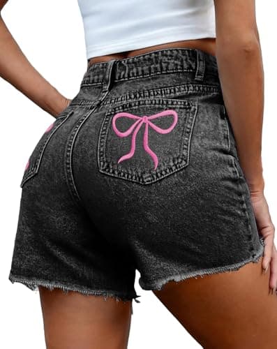 Pink Queen Women's High Waisted Denim Shorts 2026 Casual Star/Bow Frayed Hem Summer Hot Short Jeans with Pockets Black L - Image 1