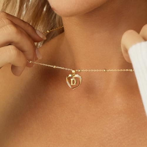 Cicy Bell Womens Heart Initial Necklace for Women 18k Gold Plated Cubic Zirconia Dainty Letter Pendant Necklace 17.7'' with 9'' Extender - Thumbnail 4