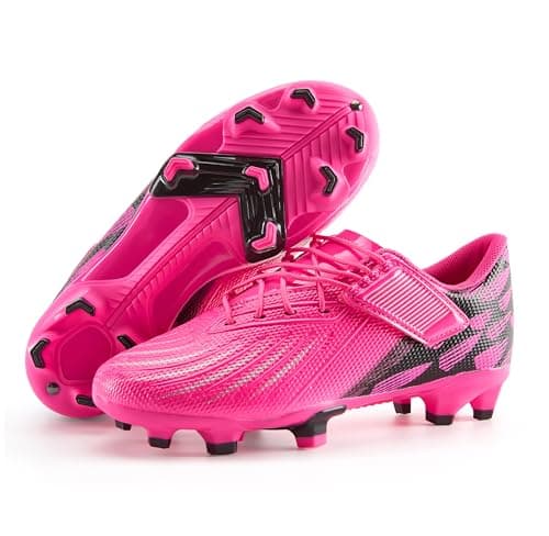 PATPAT Kids Soccer Cleats – Outdoor Firm Ground and Turf Football Training Shoes for Little Big Boys and Girls, Hot Pink/Black Sizes 4 - Image 1