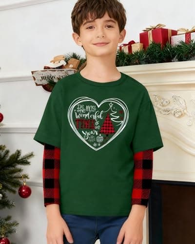 Christmas Shirts for Kids Girls Boys Christmas Tree Graphic Tee Xmas Long Sleeve Stripe Plaid Tops - Thumbnail 3