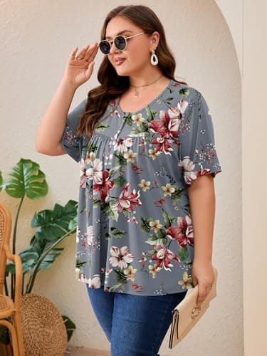 AusLook Plus Size Floral Tunic Tops for Women Pleated Babydoll Blouse Short Sleeve Round Neck Loose Fit Casual Flowy Gray Watercolor Bouquet 3X Tunic Shirts Summer Tops to Wear with Leggings - Thumbnail 4