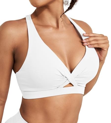 Sports Bras for Women Push Up Medium Impact Racerback Workout Yoga Bra Womens Deep V Padded Sports Bra with Support Gym Tops, White, XL - Image 1