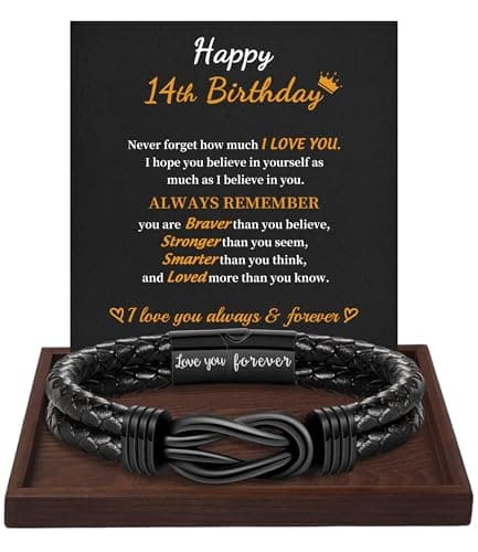 Btysun 14 Year Old Gifts Birthday Gift for Him Leather Bracelets for Men Teenage Gifts Knot Linked Together Black Braided Bracelet Happy Birthday