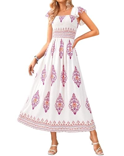 BTFBM Summer Dresses for Women 2026 Casual Floral Boho Sleeveless Square Neck A Line Flowy Beach Maxi Sundress Pockets(Floral White Rose Red, Small) - Image 1