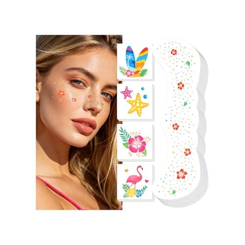 Cerlaza Beach Accessories, 40 Pcs Waterproof Summer Temporary Tattoos Glitter Freckles Face Tattoo for Women Kids, Body Glitter Hibiscus Stickers Luau Tropical Party Decorations Hawaiian Party Favors