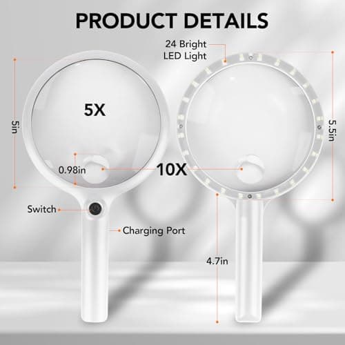 2000mAh Rechargeable Magnifying Glass with Light, Large Handheld Lighted Magnifier, 24 LEDs, 3 Light Modes, Reading Aid for Seniors & Low Vision (White) - Thumbnail 5