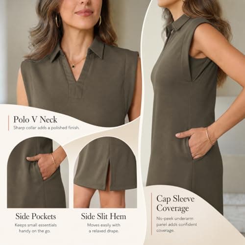 BEXIBOOM Travel Dress with Pockets for Women, Casual Summer T Shirt Dress, V Neck Polo Collared Cap Sleeve Knee Length Loose Fit Dress Khaki-2XL - Thumbnail 5