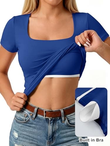 ANRABESS Women's Short Sleeve Double Lined Tops Built in Bra,Royal Blue,L - Thumbnail 2