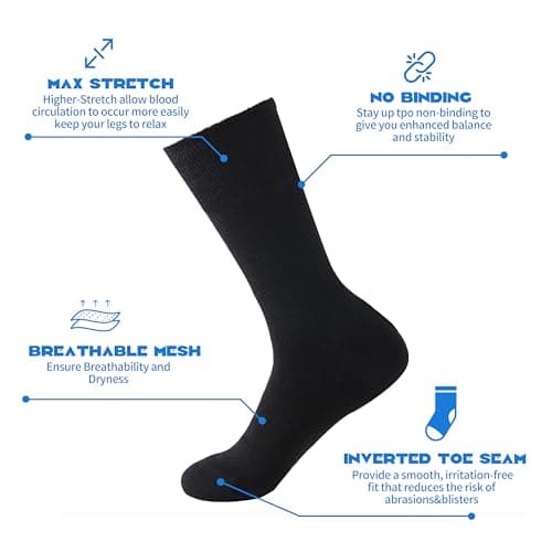 Forcool 3 Pairs Merino Wool Diabetic Men's Women's Non Binding Loose Top Extra Wide Calf Large Cushion Socks Dress Crew Socks with Seamless Toe, X Large Black - Thumbnail 4