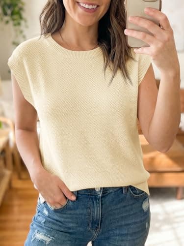 Saodimallsu Womens Cap Sleeve Sweater Tops Casual Crewneck Lightweight Knit Loose Summer Sleeveless Sweater Vest Apricot - Thumbnail 3