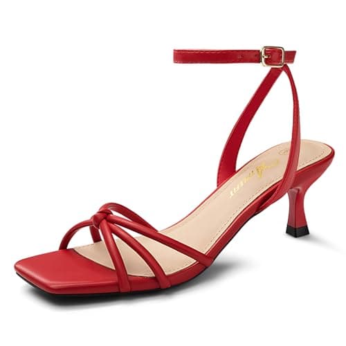 Athlefit Kitten Heels for Women Red Square Open Toe Strappy Low Heels Ankle Strap Summer Sexy Party Dress Sandals Size 6 - Image 1