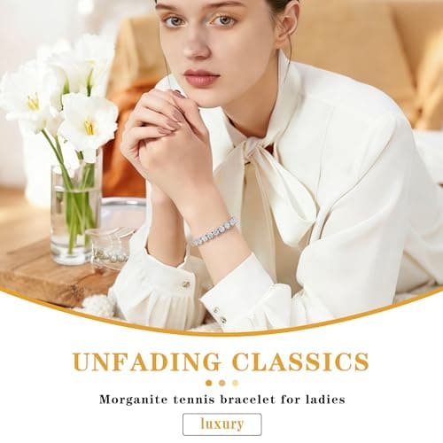 Moissanite Tennis Bracelet For Women,Platinum Plated Silver Bracelet,VVS1,Round Cut Moissanite Bracelet,Hypoallergenic,Bezel 7In,with Gift Box,Birthday Anniversary Jewelry for Wife, Mom and Her (7, Inches) - Thumbnail 2