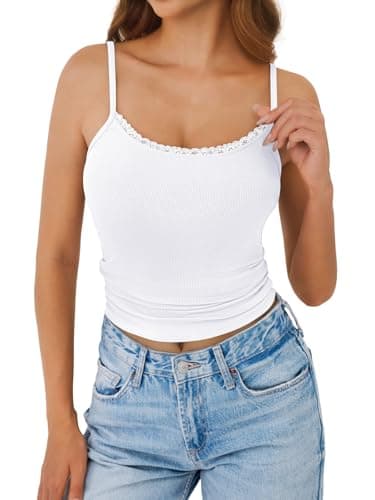 GKBK Womens Lace Camisole Tops Scoop Neck Ribbed Tank Tops Adjustable Spaghetti Straps Sleeveless Slim Fitted Y2k Going Out Shirt White L - Thumbnail 3