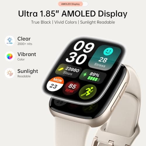Smart Watches for Women Men, 1.85" HD AMOLED Smart Watch for Android iPhone, 3ATM Waterproof, Bluetooth Calls/Messages, SpO2/Heart Rate Monitor, Sleep Tracker, 120+ Sports Modes Fitness Watch, 2 Bands - Thumbnail 2