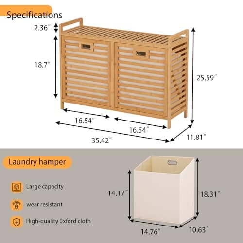 Baveke Bamboo Tilt Out Laundry Hamper with Shelves, Hidden Laundry Hampers with 2 Removable Bag, Pull Out Laundry Hamper Cabinet, Bathroom Storage Shelf for Laundry Room, FSC-Certified, Natural - Thumbnail 2