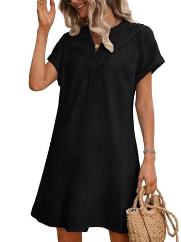 UEAL Little Black Dress for Women Ladies Short Sleeve Linen Shift Summer Shirt Dresses Medium Black - Image 1