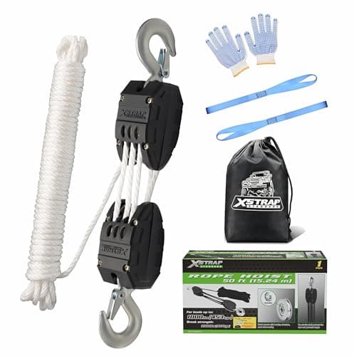 XSTRAP STANDARD Heavy-Duty Block and Tackle Pulley System, 1000 LB Working Load, 2000 LB Break Strength, 50 FT Rope Hoist with 2 Soft Loops for Garage, Hunting & DIY Attic Lift, White - Image 1