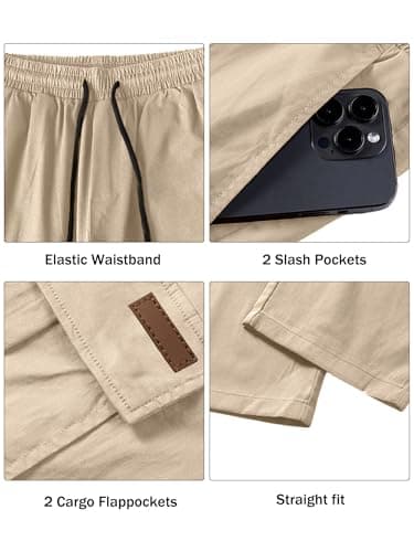 Comdecevis Men's Casual Cargo Pants Workout Joggers Stretch Sweatpants Hiking Drawstring Tactical Pants with Multi Pockets Light Khaki - Thumbnail 5