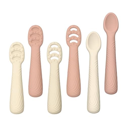 Baby Spoons Self-Feeding 6+ Months, 6 Pack Silicone Training Spoon Set for Baby Led Weaning, 3-Stage & Easy Grip First Utensils for Toddlers Learning Eating Essentials, Dishwasher Safe (Cream Earth) - Image 1