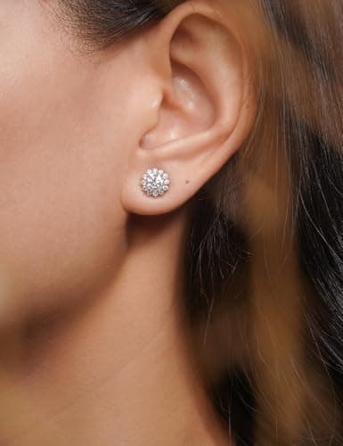 IMOLOVE Moissanite Stud Earrings Lab Created Moissanite Earrings in Sterling Silver Trendy Flower Halo Earrings for Women Men D Color Round Cut - Thumbnail 3