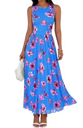 BTFBM Summer Dresses for Women 2026 Floral Maxi Dress Sleeveless Mesh Flowy Spring Wedding Guest Dress Long Sundresses(Blue Red Flower, Small) - Image 1