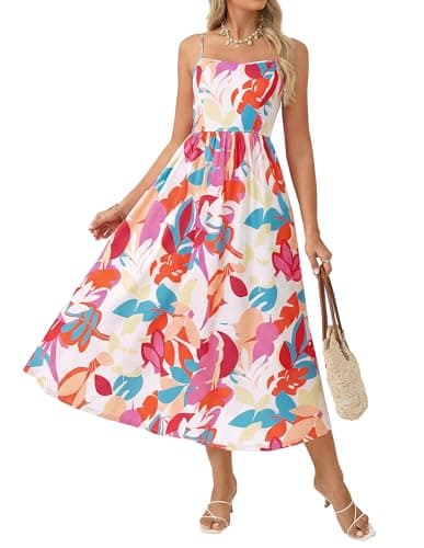 GRACE KARIN Summer Floral Maxi Sundresses for Women 2026 Spaghetti Strap Beach Boho Dress Casual Fashion Clothes with Pocket White Pink Orange L - Image 1