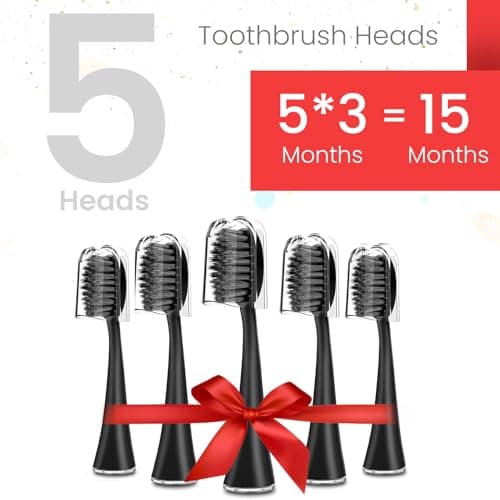 Replacement Toothbrush Heads for Burst Sonic Toothbrush with Dust Cover Caps, Soft Charcoal Bristles for Deep Clean, Black, Pack of 5 - Thumbnail 2