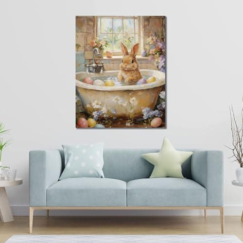 WayToLight Easter Bunny & Floral Canvas Wall Art,Cute Rabbit and Easter Eggs Painting Prints,Vintage Farmhouse Spring Animal Picture,Modern Framed Easter Wall Decor for Bedroom,Living Room, Bathroom,Office (Style 4, 8" x 10") - Thumbnail 3