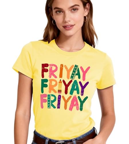 Happy Friyay Teacher Shirt Women-Funny Friday Weekend Short Sleeve Teacher Appreciation Gift Tops C-Yellow - Thumbnail 2
