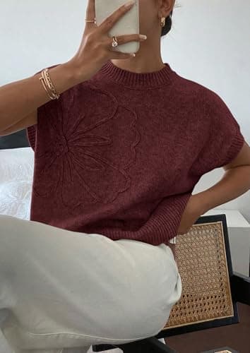 PRETTYGARDEN Women's 2026 Spring Sweater Vest Trendy Flower Knit Short Sleeve Cute Pullover Tank Tops Summer Fashion Clothing (Red Brown,X-Large) - Thumbnail 5