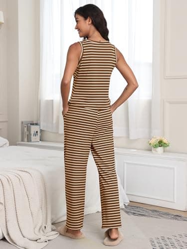 COCOMARTS Womens 2 Piece Lounge Sets Casual Striped Pajama Sets Sleeveless Tank Top and Wide Leg Pants Matching Outfits 2025 Army Green Large - Thumbnail 4