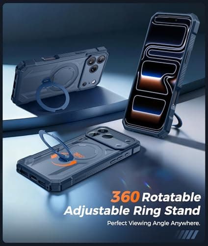 FNTCASE for iPhone 17 Pro-Max Case: [360 Spin Magnetic Ring Kickstand] [Compatible for MagSafe] [Screen Protector] Heavy Duty Military Grade Protective Phone Case with Stand Translucent Blue - Thumbnail 4