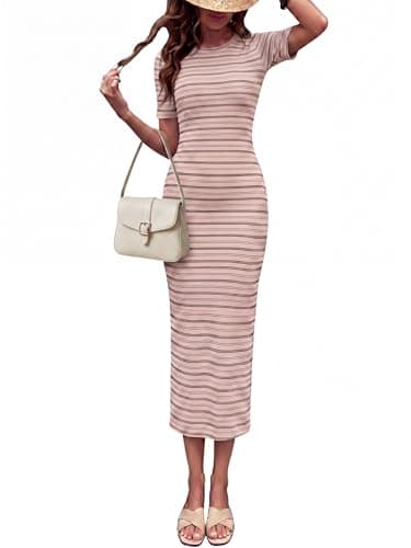 CHEVIBE Women's Beach Vacation Striped Knit Dress Crew Neck Short Sleeve Bodycon Midi Back Slit Sundresses 2026 Spring Casual Fashion Nautical Slim Fit Stretchy Everyday Wear Summer Party Dresses - Image 1