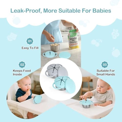 Daximo 2 Pack Snack Cups for Toddlers Spill Proof - Detachable Stainless Steel Toddler Snack Cups with Silicone Lids & Handles - Dishwasher Safe Baby Snack Containers (Light blue and Light grey) - Thumbnail 2
