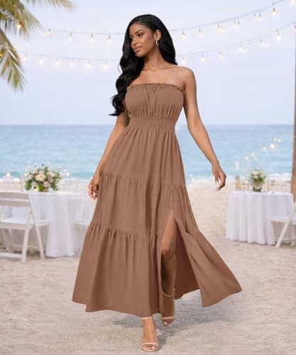 ABKY Off The Shoulder Dress Summer Strapless Tube Top Dresses Long Flowy A Line Side Slit Vacation Beach Holiday Party Outfit Khaki S - Thumbnail 3