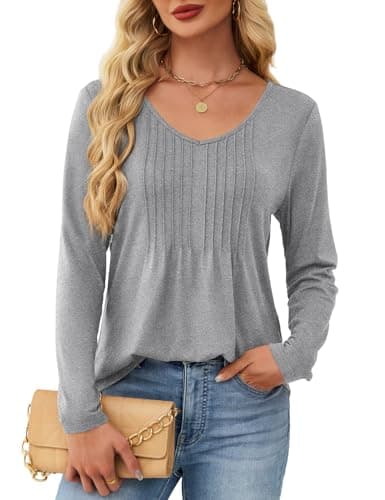 JUSTFASHIONNOW Winter Tops for Women V Neck Long Sleeve Shirts Pleated Tunic Tops Peplum Dressy Blouses Womens Teacher Work Clothes Trendy 2025 (Gray, Small) - Thumbnail 5