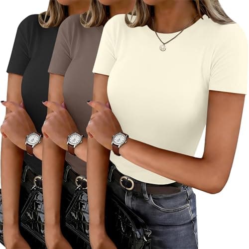 Ekouaer T Shirts for Women Slim Fit Tops Crew Neck Tees Trendy Clothes Base Layer Black/Tea Leaf/Beige XS - Image 1