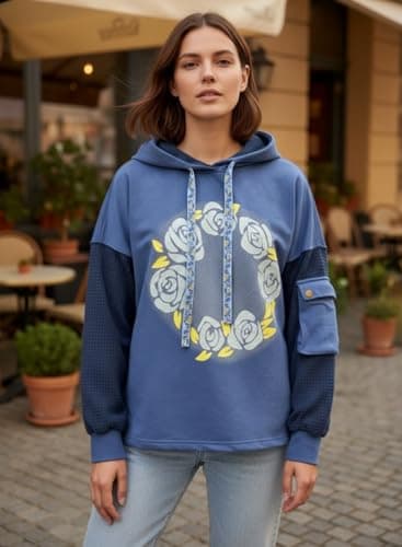 ZIZERY Womens Floral Patchwork Hoodie Oversized Sweatshirt Light-blue - Thumbnail 5