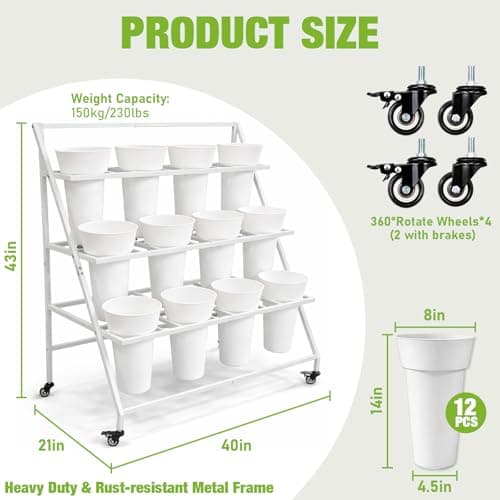 Qidejoy Flower Bar Display Stand with 12 Buckets & Wheels, Bouquet Bar - Thumbnail 3