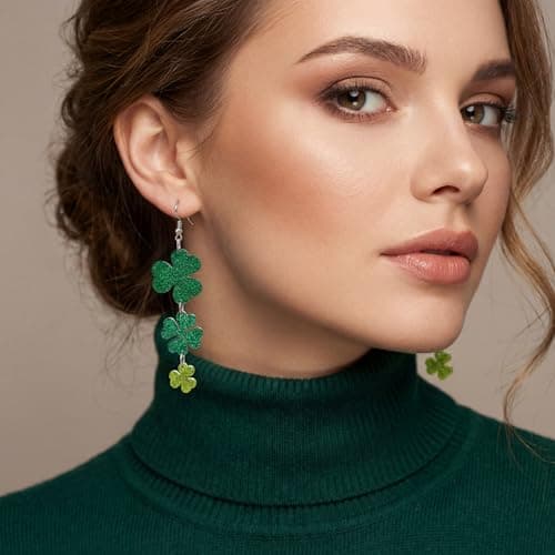 St Patricks Day Shirt Women - Green Shamrock Earrings for Women - St Patricks Day Accessories Outfit | Clover Horseshoe Drop Earrings for Irish Festival Gift - Thumbnail 2