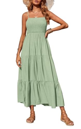 PRETTYGARDEN Summer Dresses for Women 2026 Spaghetti Strap Floral Maxi Dress Sleeveless Smocked Tiered Long Beach Sundress (Bean Green,S) - Image 1