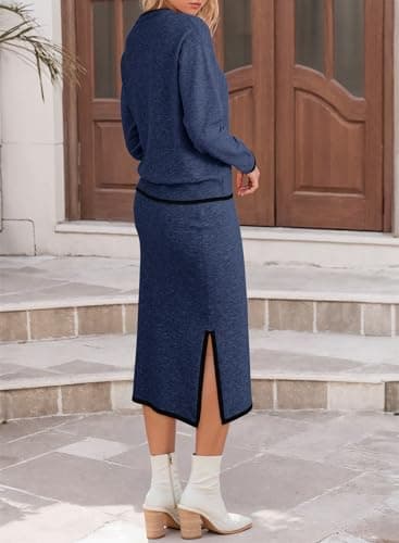 Dokotoo 2 Piece Sets for Women Sweater Dress Knit Travel Outfits 2 Pieces Set Womens Winter Dresses Women's Skirts Set Fashion Navy Blue Sweater Dreses for Women 2025 XX-Large - Thumbnail 2