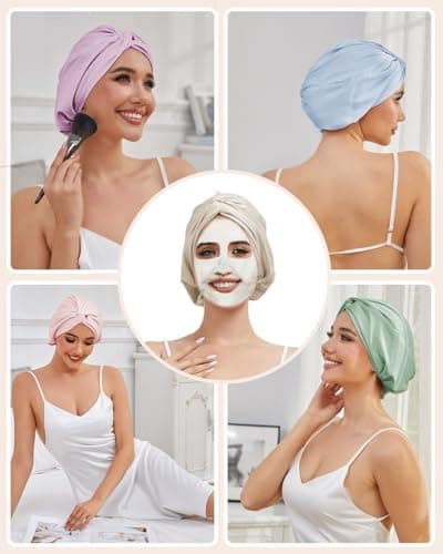 HFRHTGY Adjustable Silk Satin Hair Bonnet for Sleeping Women Hair Wrap, Double Layer Night Turban, Sleep Cap for Natural Curly Straight Unisex - Black - Thumbnail 5