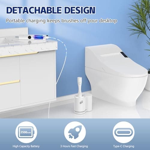 Electric Toilet Brush and Holder Set, Electric Toilet Bowl Brush, Toilet Brush Cleaner Set with 5 Refills Disposable Cleaner Brush, Floor Standing, Wall Mounted Without Drilling, Rechargeable, White - Thumbnail 6