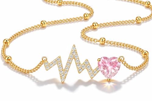 Helirose Jewelry, Birthday Gifts for Women, Unique Gifts for Women, Thoughtful Presents for Mothers, Gifts for Sisters, Heartbeat Necklace with Birthstone (3 Colors ), Perfect for Birthdays, Anniversary, Mother's Day, Friendship Necklace, Meaningful Jewelry (Pink) - Image 1