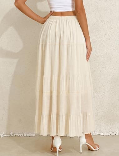 Arolina Women's Maxi Skirts Summer 2026 Elastic High Waist Boho Long Skirt Flowy Tiered A-Line Pleated Ruffle Casual Beach Beige - Thumbnail 2
