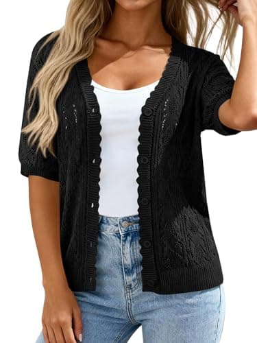 PRETTYGARDEN Women's Summer 2026 Open Front Short Sleeve Lightweight Cardigans for Women Trendy Button Down Cute Sweater Top (Black, X-Large) - Image 1