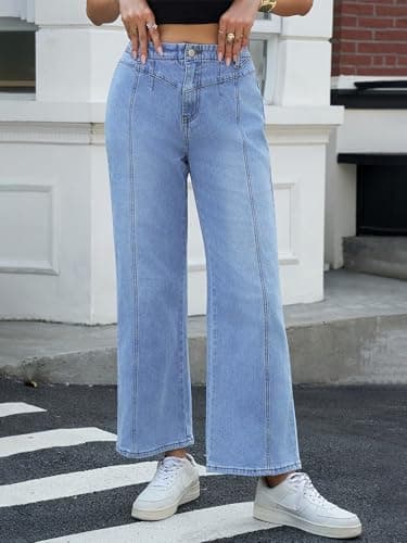 PEIHOT Wide Leg Jeans for Women High Waisted Straight Leg Stretchy Jeans Seamed Paneling Denim Pants Fall Light Blue - Thumbnail 3