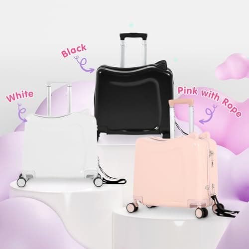 smilesun 20" Ride-On Travel Suitcase for Kids, Cute Ear Toddler Carry on Luggage with Spinner Wheels, Children Rolling Trolly Luggage with Combination Lock (Coal Black with Rope) - Thumbnail 2