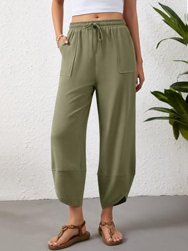Jiflora Womens Flowy Linen Pants Wide Leg Palazzo Drawstring Elastic Waist Trousers with Pockets Beach Green 01 M - Thumbnail 2